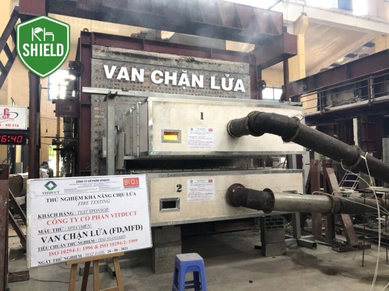 Hình ảnh van ngăn lửa Evergreen ứng dụng tấm KH Shield test thử nghiệm hiệu quả ngăn cháy